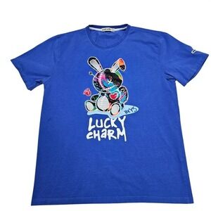 Lucky Charm Graphic T Shirt Blue Silky Bunny Applique Short Sleeve Crew Tee L